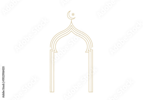 Islamic Archway with Crescent Moon and Star Illustration in Golden Hues