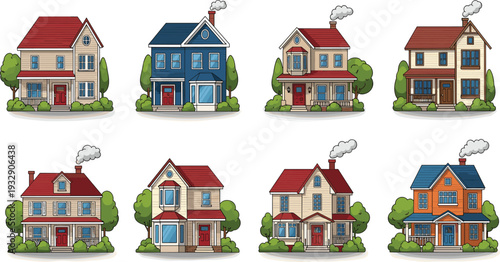 Suburban family houses collection with residential homes cottages and modern neighborhood architecture illustration