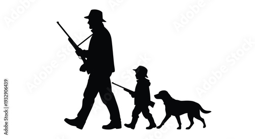 Hunter and son walking with a dog, striking black silhouette