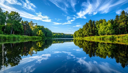 Serene river reflecting vibrant blue sky and lush green trees in a tranquil forest landscape