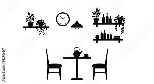 Minimalist dining room scene with plants and clock, black silhouette