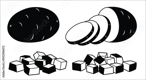 Black and white illustration of potatoes, sliced and diced, silhouette