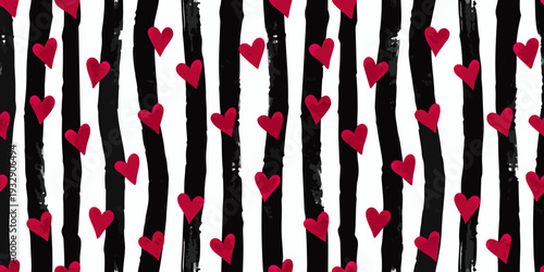 Bold black and white stripes with scattered bright red hearts pattern