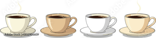 Set of Coffee Cups with Saucer and Steam Different Colors Ceramic Mug Vector Illustration Collection