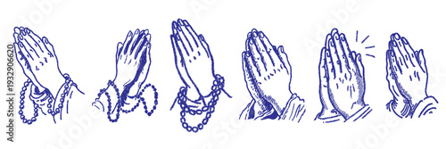 Hand drawn illustration of religious praying hands with worry beads symbolizing faith and worship