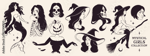 Fantasy sticker set, mystical girls doodle characters. Line art style witch, pumpkin, skull, mermaid. Halloween vintage elements for banner, poster, scrapbooking. 