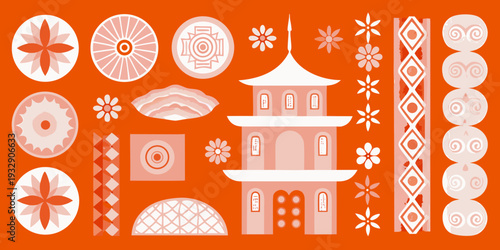 Stylized illustration of a pagoda surrounded by geometric and floral motifs