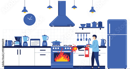 Kitchen fire emergency scene with person using extinguisher and home safety accident prevention illustration
