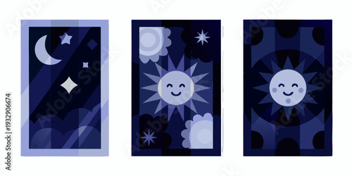 Three illustrated panels depicting celestial bodies and smiling suns