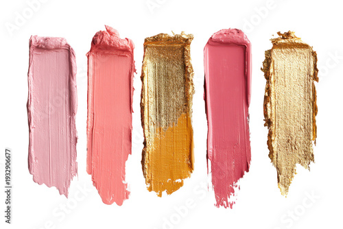 Five swatches of lipstick and makeup textures isolated on transparent background. Makeup product swatches pink, coral, and gold colors isolated on white background.