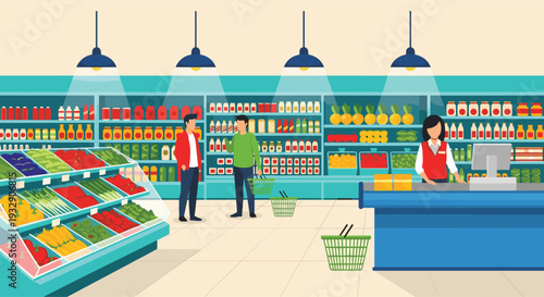 Supermarket grocery store interior with fresh vegetables fruits shelves cashier and shopping customers illustration