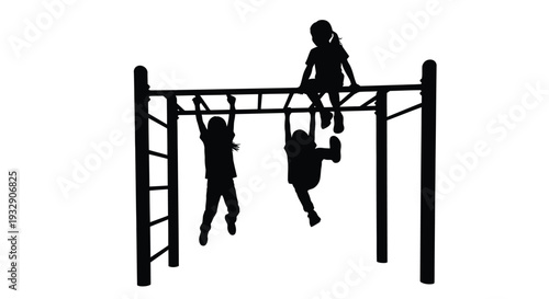 Children playing on jungle gym equipment, a dark silhouette