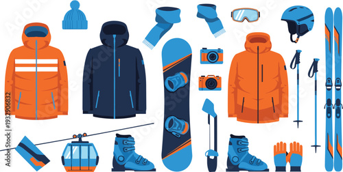 Winter sports equipment collection with ski snowboard jacket helmet goggles and mountain adventure gear