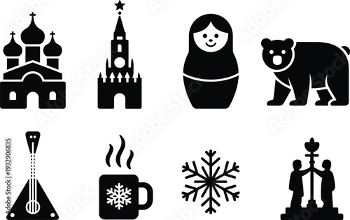Russia symbols silhouette icons set, Saint Basil cathedral Kremlin matryoshka bear balalaika snowflake winter vector isolated illustration