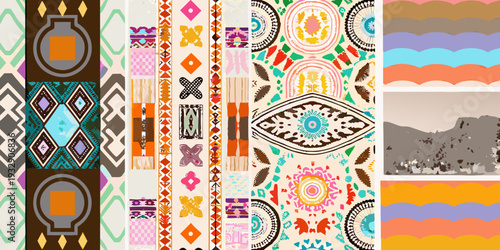 A vibrant collection of colorful patterned textile designs and landscape