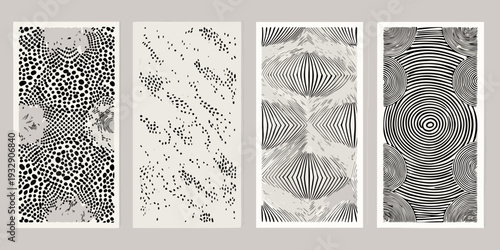 Four abstract black and white patterned panels arranged in a row