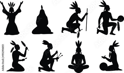 Native American silhouette figures, indigenous tribal rituals poses, traditional feather headdress people illustration vector isolated on white background