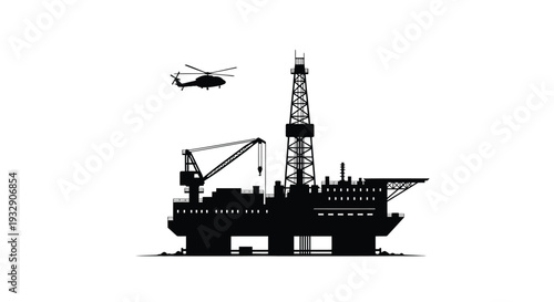 offshore oil drilling platforms shown in stark black silhouette