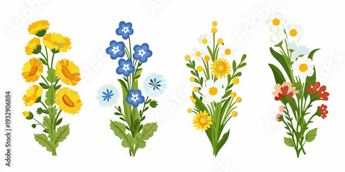 Colorful floral arrangements yellow blue white and red wildflowers