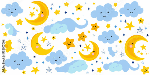 Dreamy nightscape with smiling clouds moons and twinkling stars