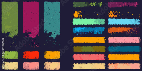 A collection of distressed rectangular color swatches in various hues