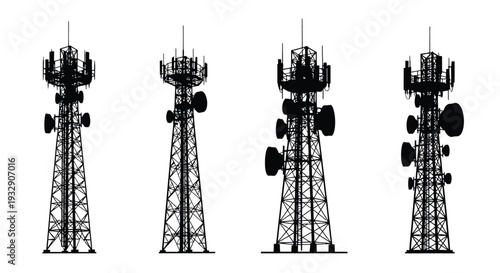 Four communication towers stand against a white background, silhouette