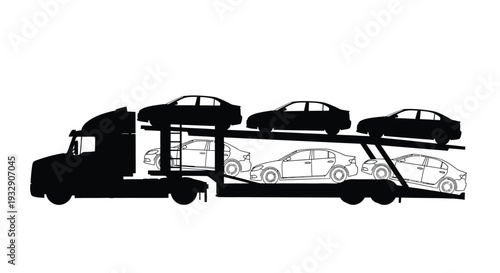 Car carrier truck transporting vehicles, a striking black silhouette