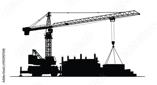 Construction crane and building blocks presented in stark silhouette