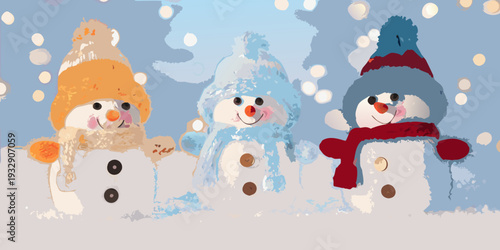 Three cheerful snowmen wearing colorful hats stand in falling snow