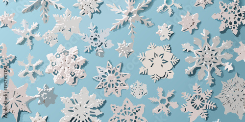 Numerous paper snowflakes scattered across a light blue background