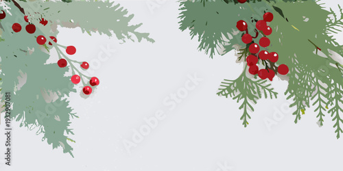 Festive evergreen branches with bright red berries against a light background