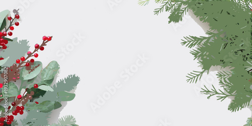 Festive holiday border featuring evergreen branches and red berries
