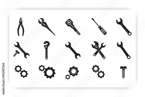 Mechanical Tools and Gears Icon Set – Wrench, Screwdriver, Pliers, Cogwheel Vector Collection,