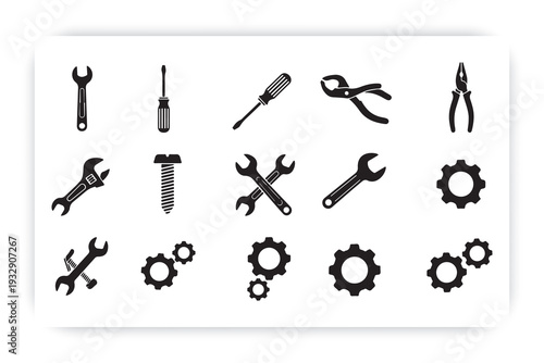 Mechanical Tools and Gears Icon Set – Wrench, Screwdriver, Pliers, Cogwheel Vector Collection,