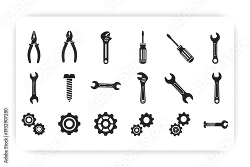 Mechanical Tools and Gears Icon Set – Wrench, Screwdriver, Pliers, Cogwheel Vector Collection,