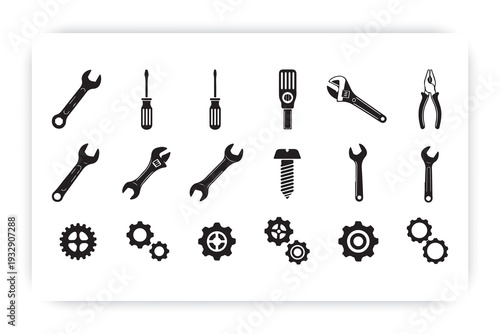 Mechanical Tools and Gears Icon Set – Wrench, Screwdriver, Pliers, Cogwheel Vector Collection,
