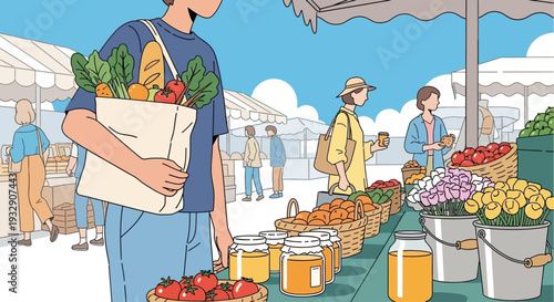 Man holding bag with fresh organic produce at outdoor farmers market illustration