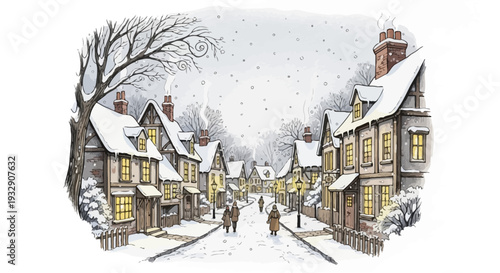 Charming European village street covered in snow during winter.