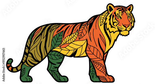 Stylized tiger illustration with colorful tropical leaf pattern on white background