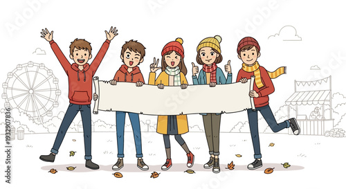 Happy group of friends holding a blank white banner at an amusement park