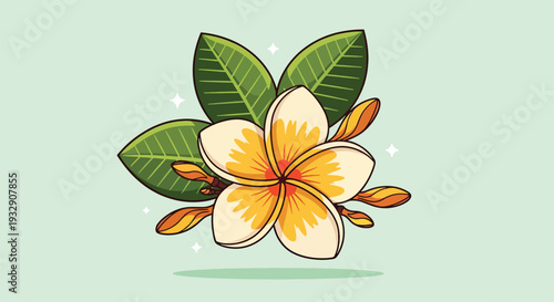 Beautiful Yellow Plumeria Flower with Green Leaves Vector Illustration.