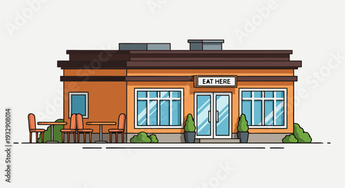 Modern restaurant exterior design with outdoor seating and large windows on a sunny day