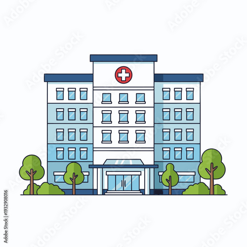 Modern hospital building with cross symbol and clean facade surrounded by trees on a bright day