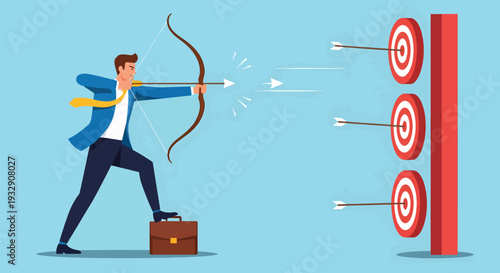 Businessman Aiming Bow and Arrow at Targets Vector Illustration.