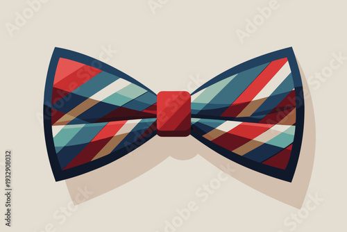 Colorful geometric bow tie with vibrant red, blue, and white stripes on neutral background for fashion and style inspiration