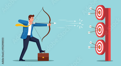 Businessman Aiming Bow and Arrow at Targets.