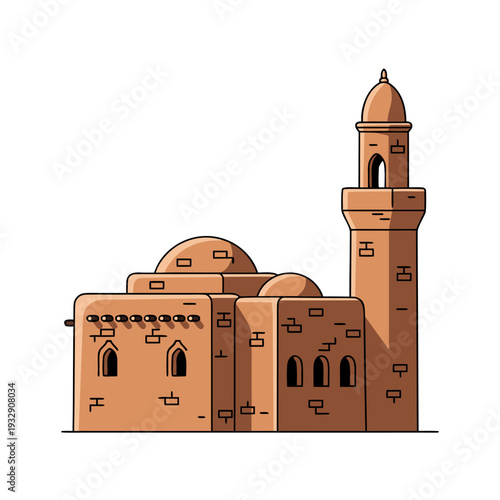 Ancient middle eastern mosque with dome and minaret on white background reflecting islamic architecture tradition