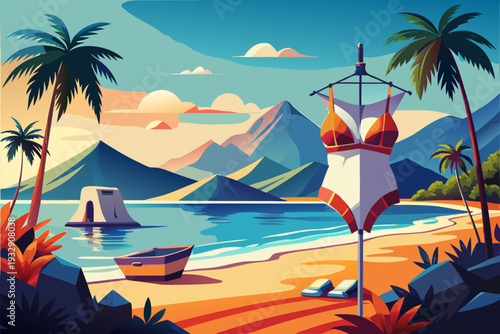 Surreal tropical beach scene with bikini and boat under vibrant sunset sky featuring mountains and palm trees