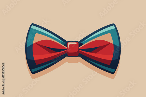 Colorful abstract bow tie design with vibrant red and blue stripes on a light tan background