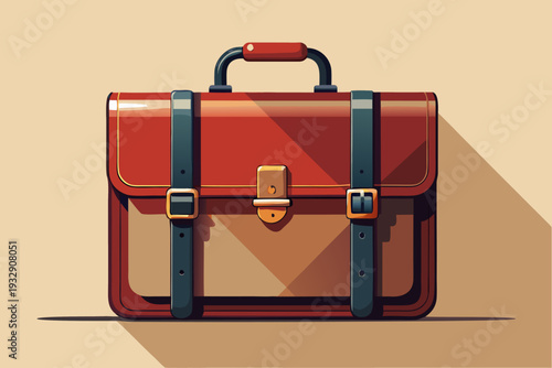 Elegant brown leather briefcase with straps and buckles on a minimalist background featuring long shadow